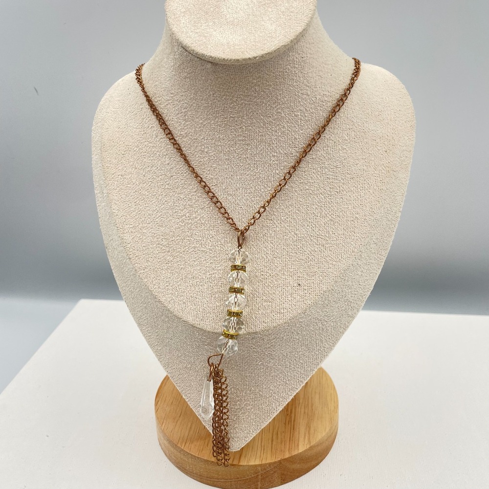 Vintage 90s Y2K Bronze Tone Glass Bead Tassel Pendant Necklace Boho Jewelry Boho